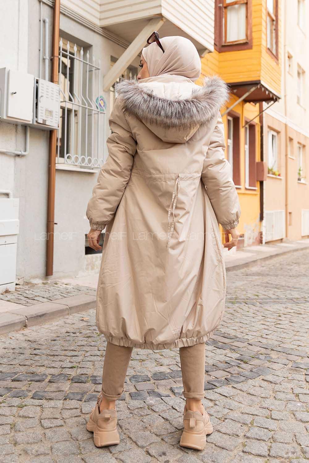 Modalamelif Önü Gizli Fermuarlı Kapşonlu Mont Taş Rengi