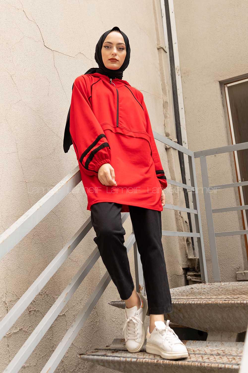 Modalamelif Önü Yarım Fermuarlı Balon Kol Sweatshirt Kırmızı