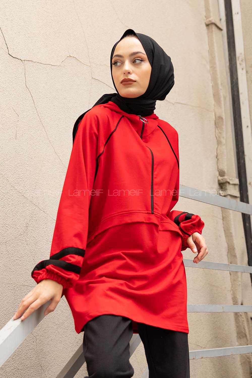 Modalamelif Önü Yarım Fermuarlı Balon Kol Sweatshirt Kırmızı