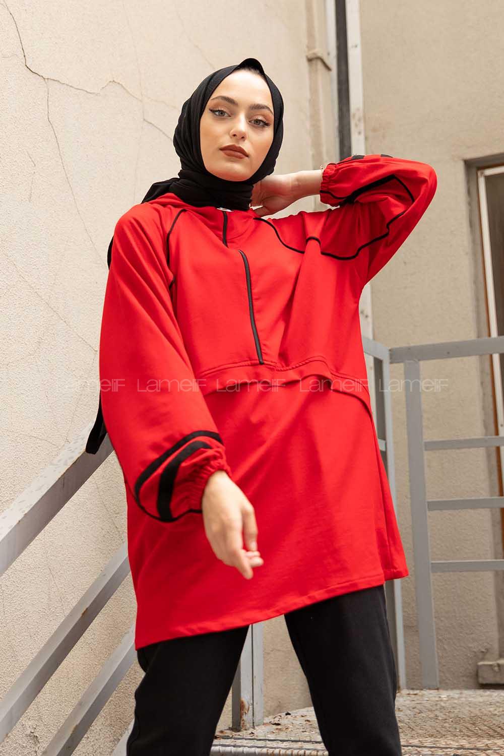 Modalamelif Önü Yarım Fermuarlı Balon Kol Sweatshirt Kırmızı