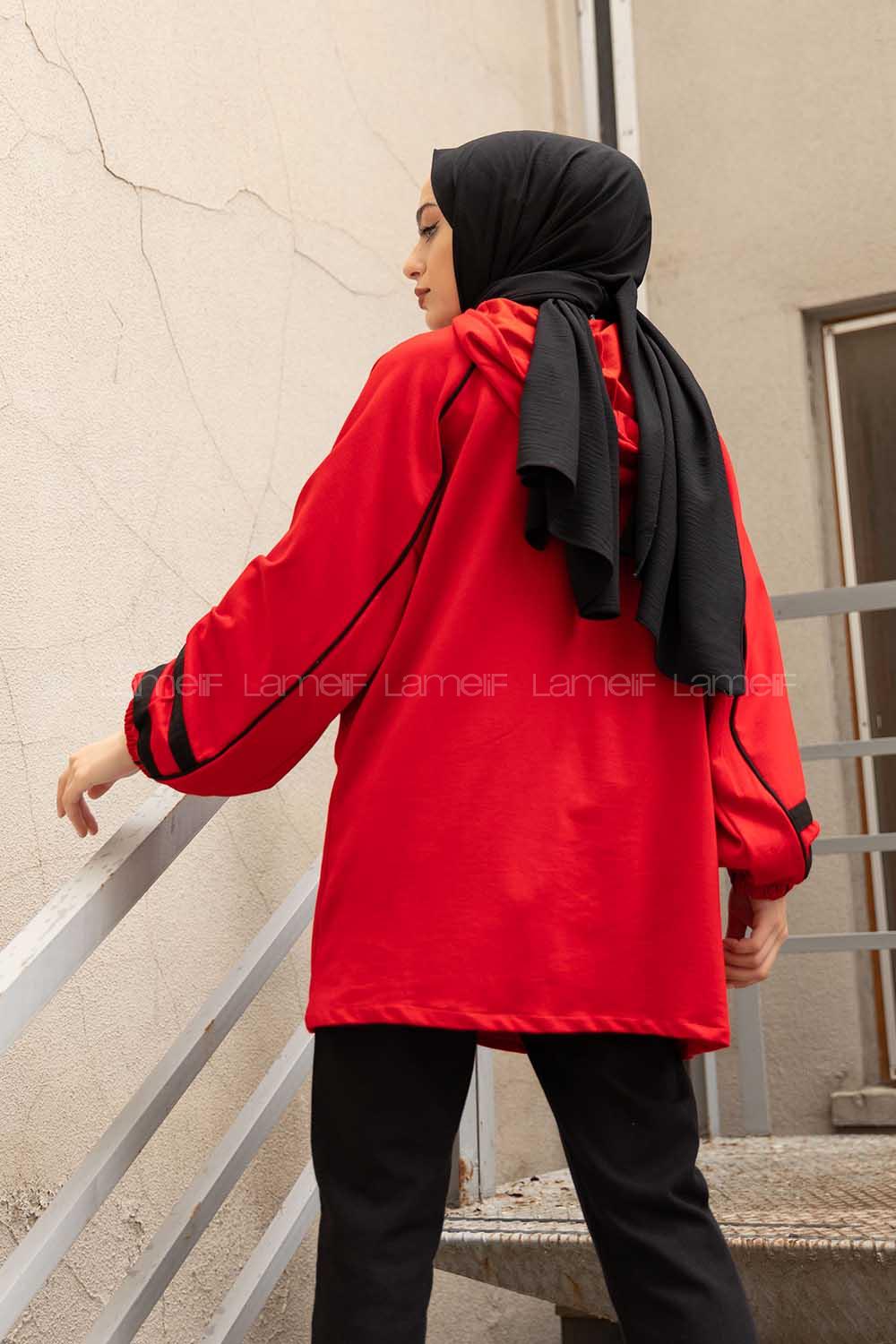 Modalamelif Önü Yarım Fermuarlı Balon Kol Sweatshirt Kırmızı