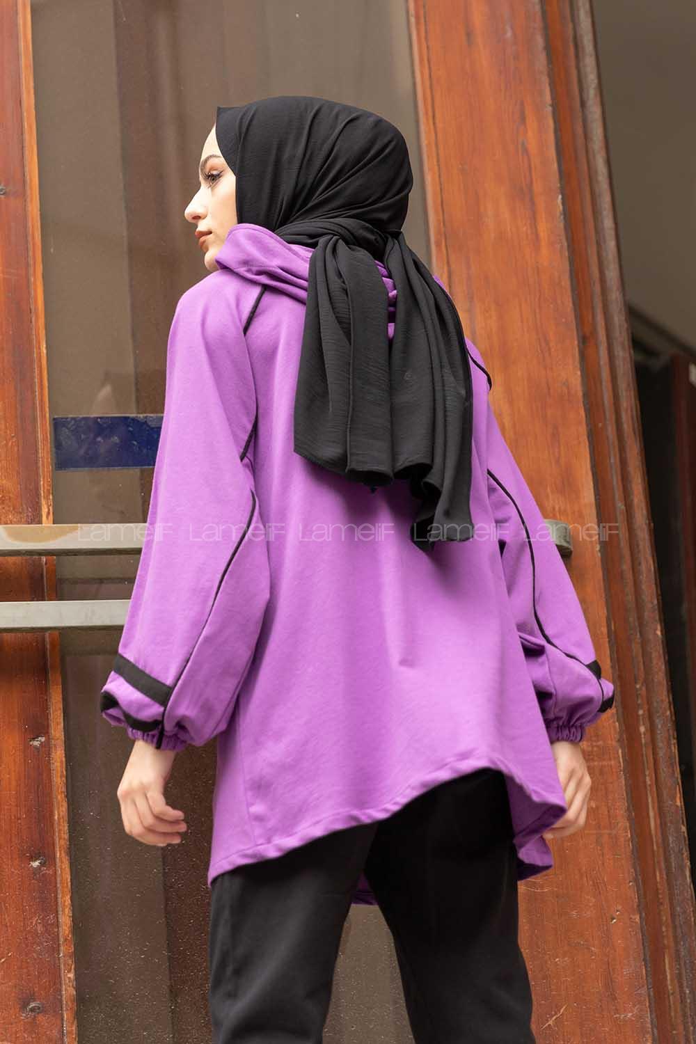 Modalamelif Önü Yarım Fermuarlı Balon Kol Sweatshirt Mor