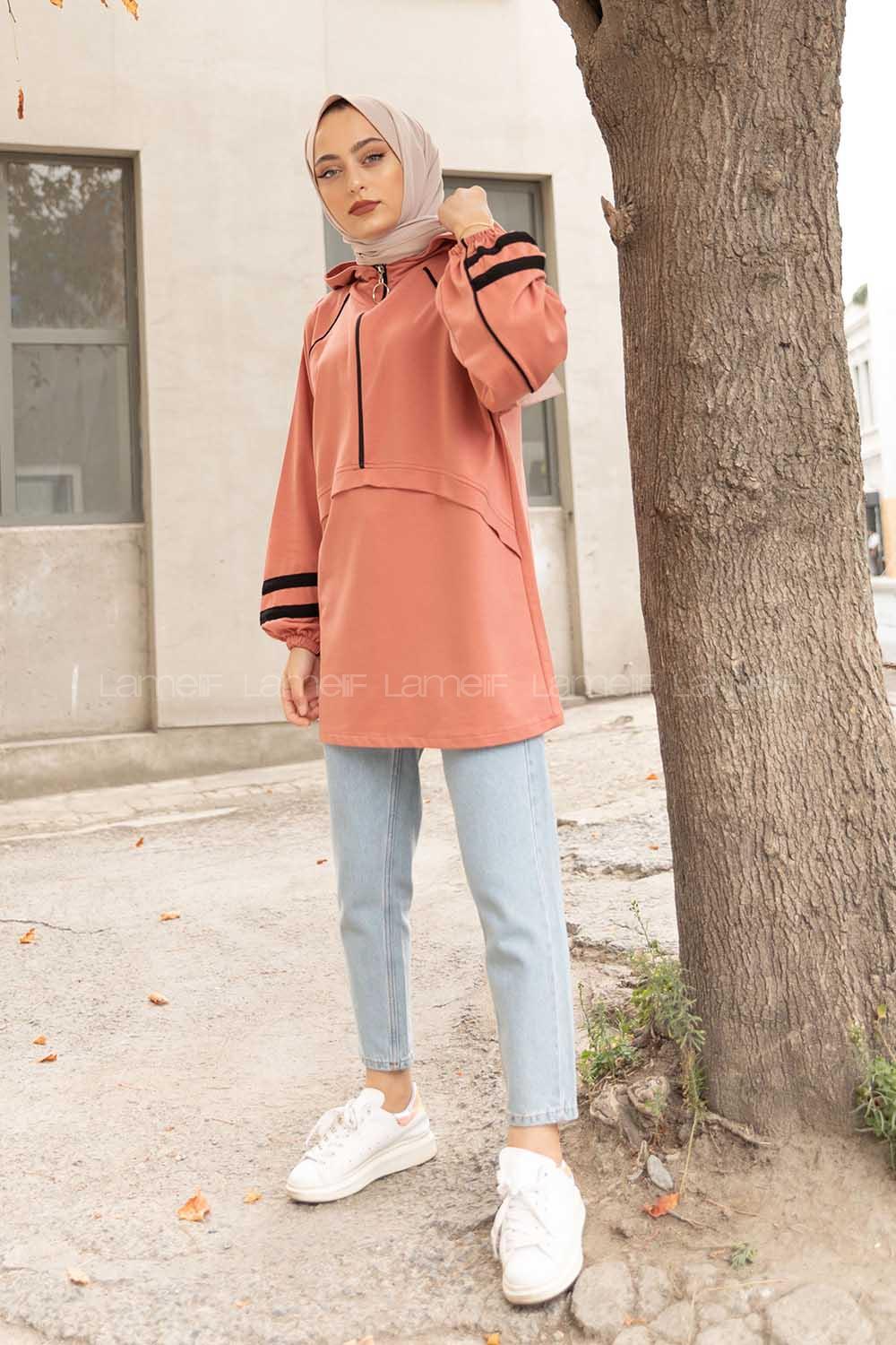 Modalamelif Önü Yarım Fermuarlı Balon Kol Sweatshirt Pudra