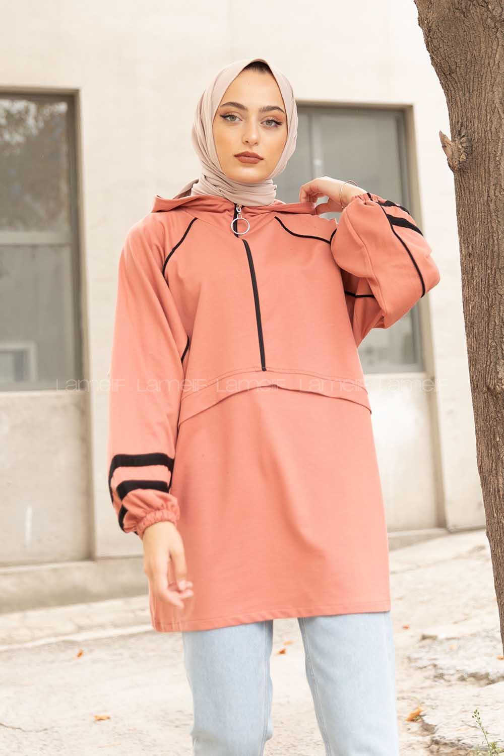 Modalamelif Önü Yarım Fermuarlı Balon Kol Sweatshirt Pudra