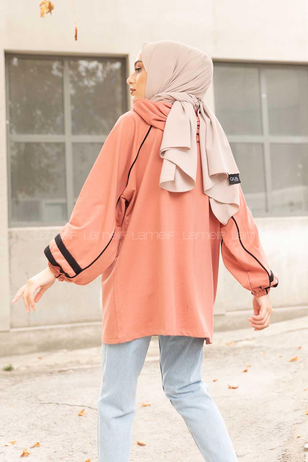 Modalamelif Önü Yarım Fermuarlı Balon Kol Sweatshirt Pudra