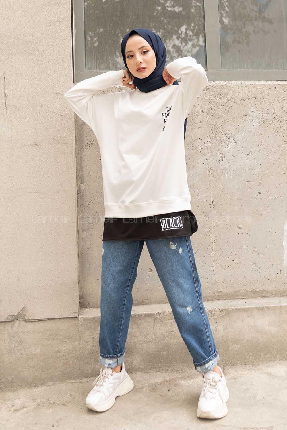 Modalamelif Bisiklet Yaka Can I Have Baskılı Sweatshirt Beyaz