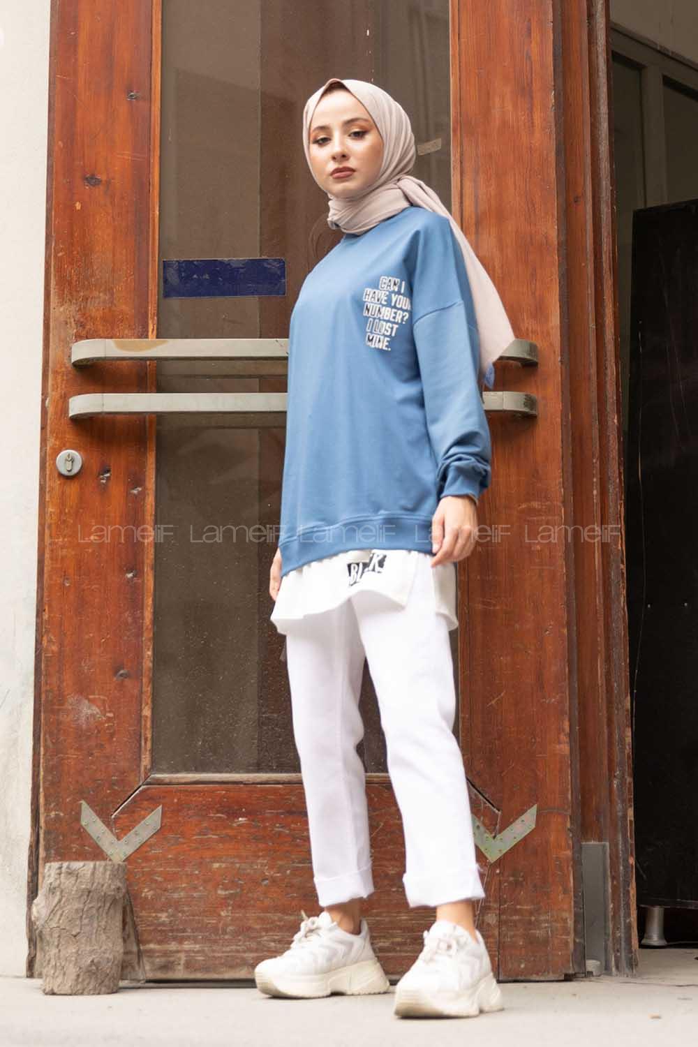 Modalamelif Bisiklet Yaka Can I Have Baskılı Sweatshirt İndigo