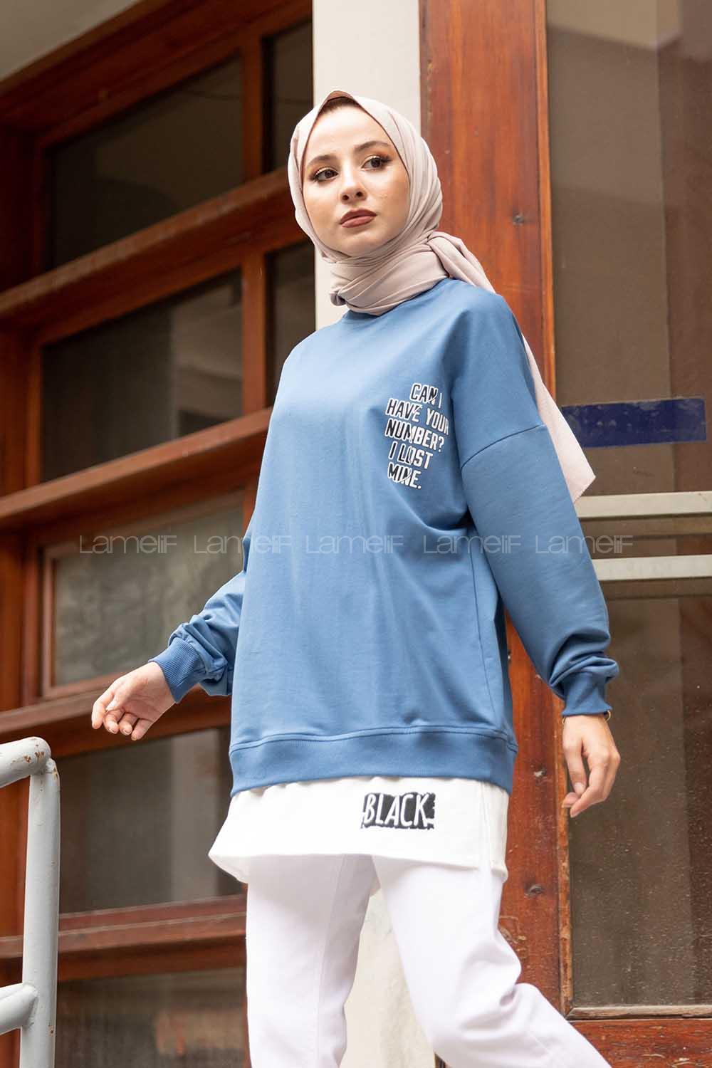 Modalamelif Bisiklet Yaka Can I Have Baskılı Sweatshirt İndigo