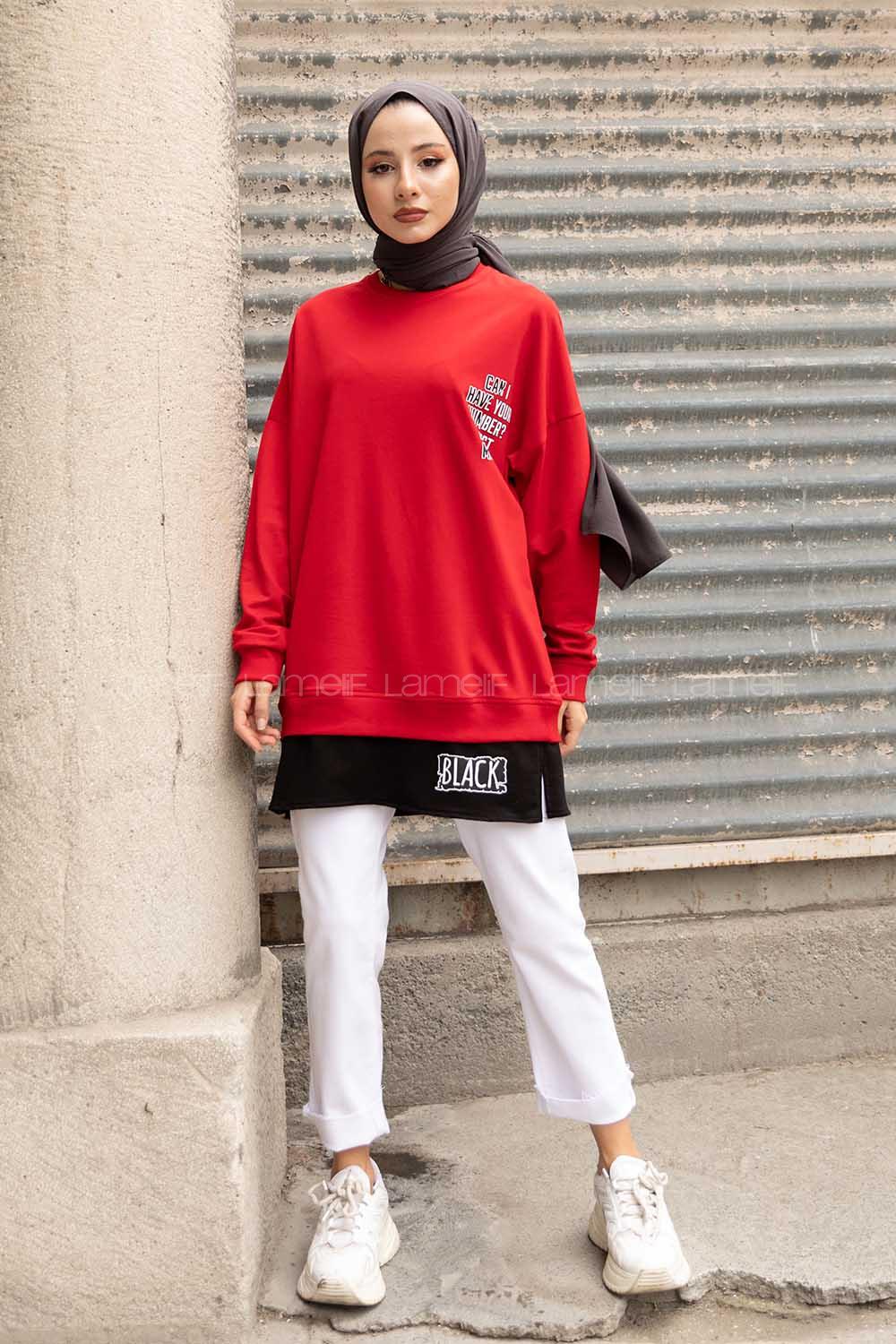 Modalamelif Bisiklet Yaka Can I Have Baskılı Sweatshirt Kırmızı