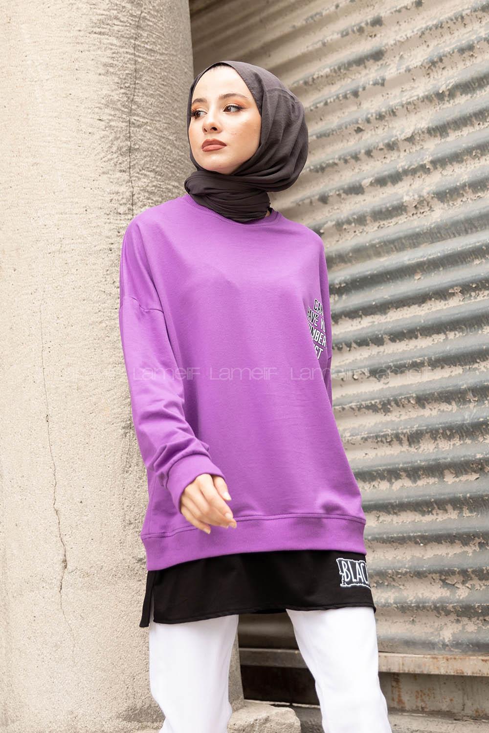 Modalamelif Bisiklet Yaka Can I Have Baskılı Sweatshirt Mor