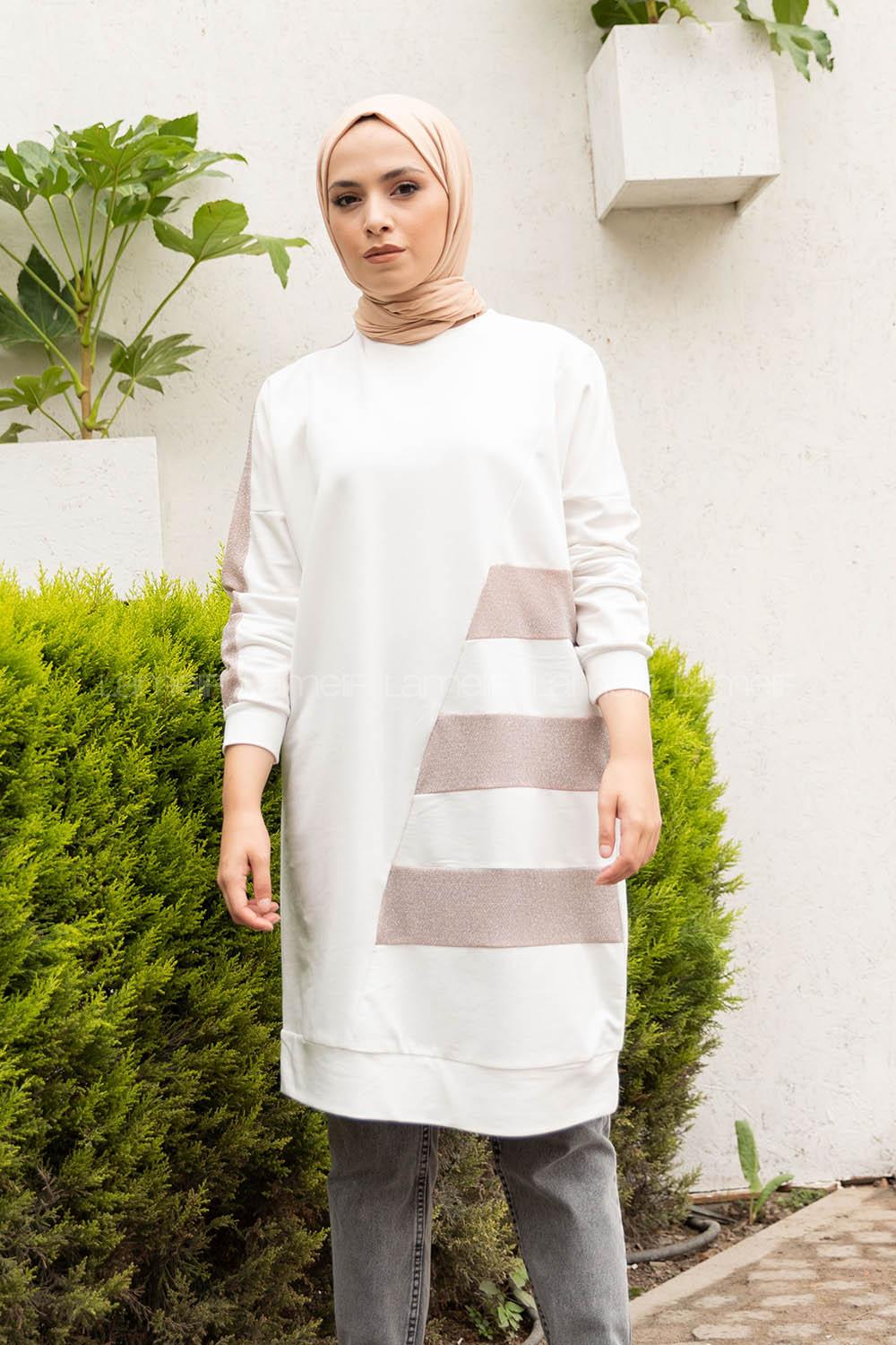 Modalamelif Bisiklet Yaka Simli Sweatshirt Beyaz