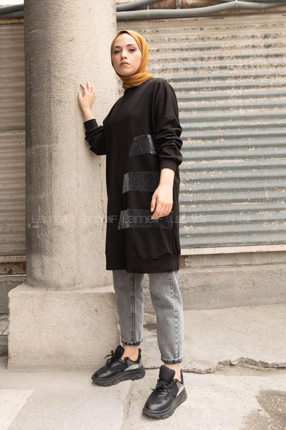 Modalamelif Bisiklet Yaka Simli Sweatshirt Siyah