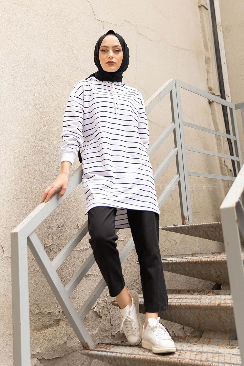 Modalamelif Beyaz Çizgili Kapşonlu Sweat Beyaz