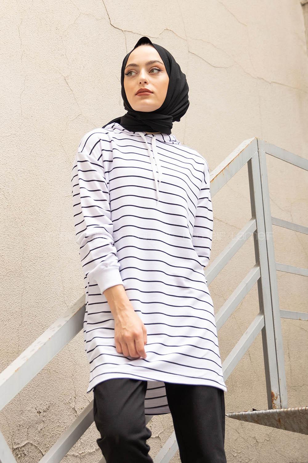 Modalamelif Beyaz Çizgili Kapşonlu Sweat Beyaz