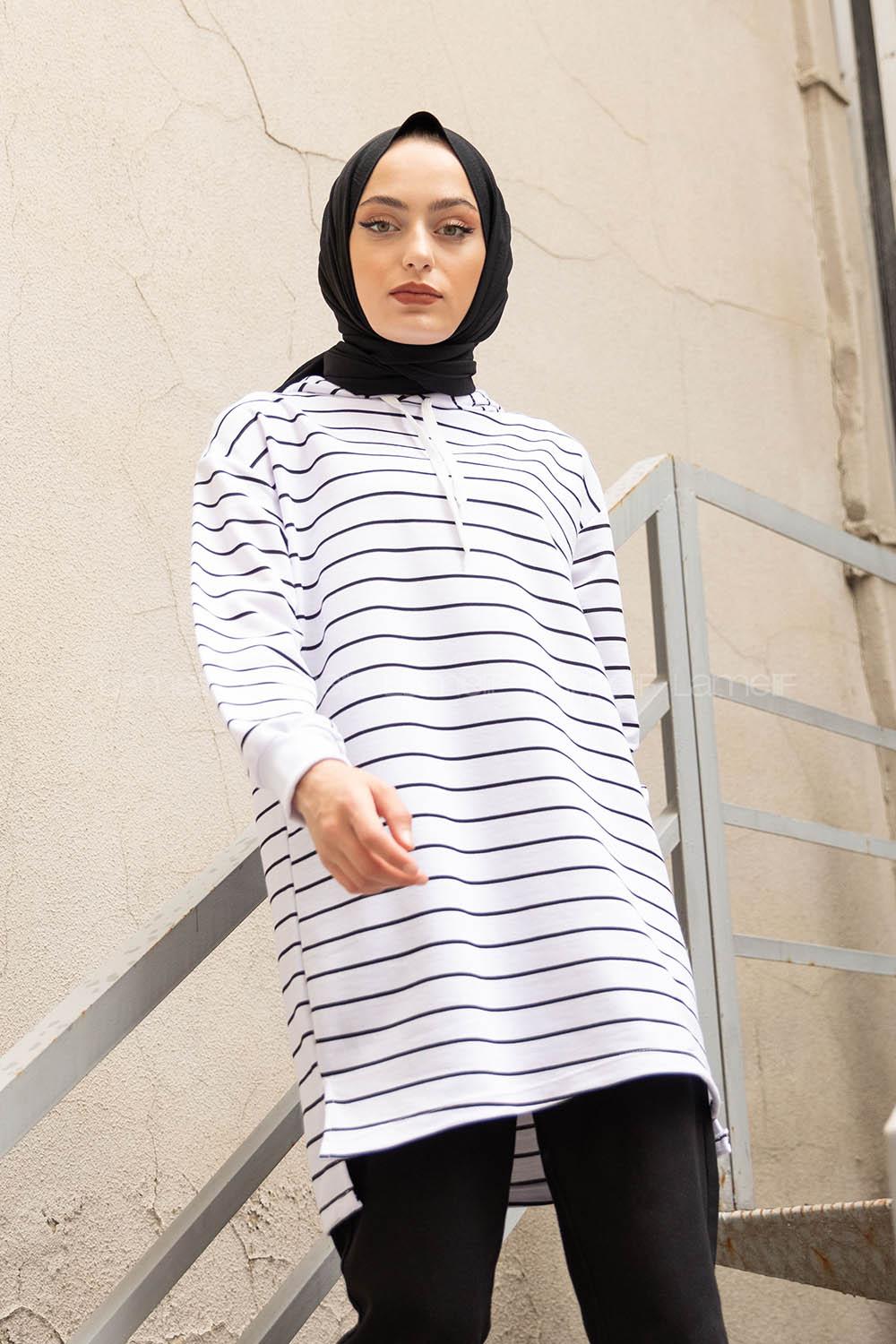 Modalamelif Beyaz Çizgili Kapşonlu Sweat Beyaz