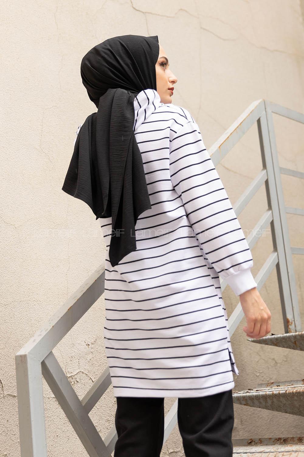 Modalamelif Beyaz Çizgili Kapşonlu Sweat Beyaz