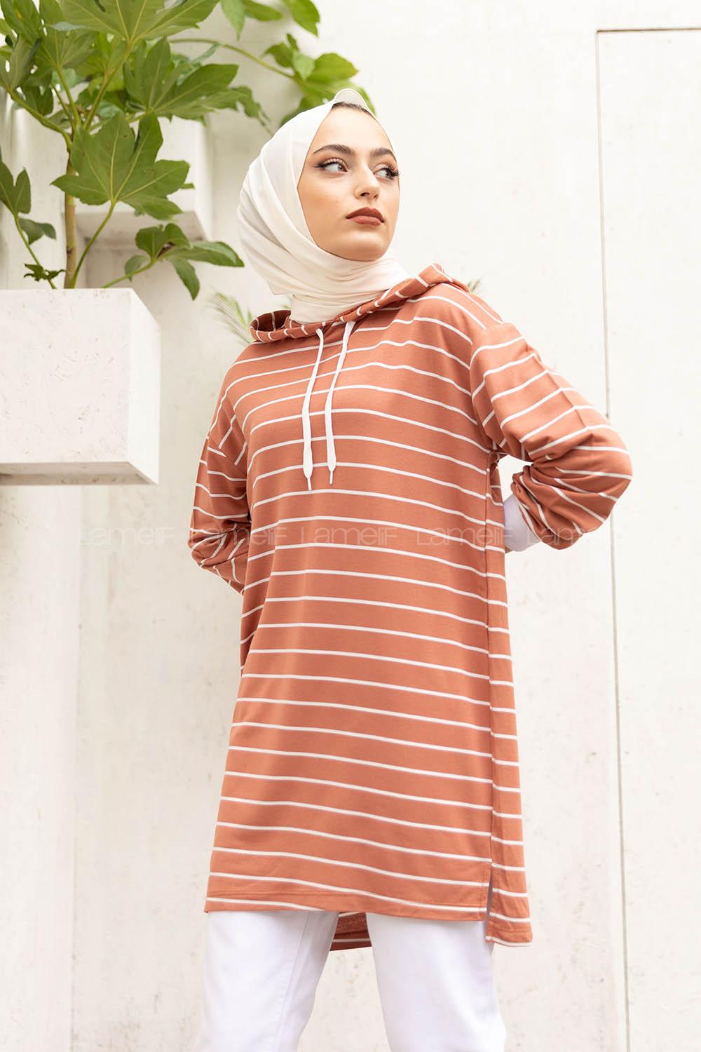 Modalamelif Beyaz Çizgili Kapşonlu Sweat Gül