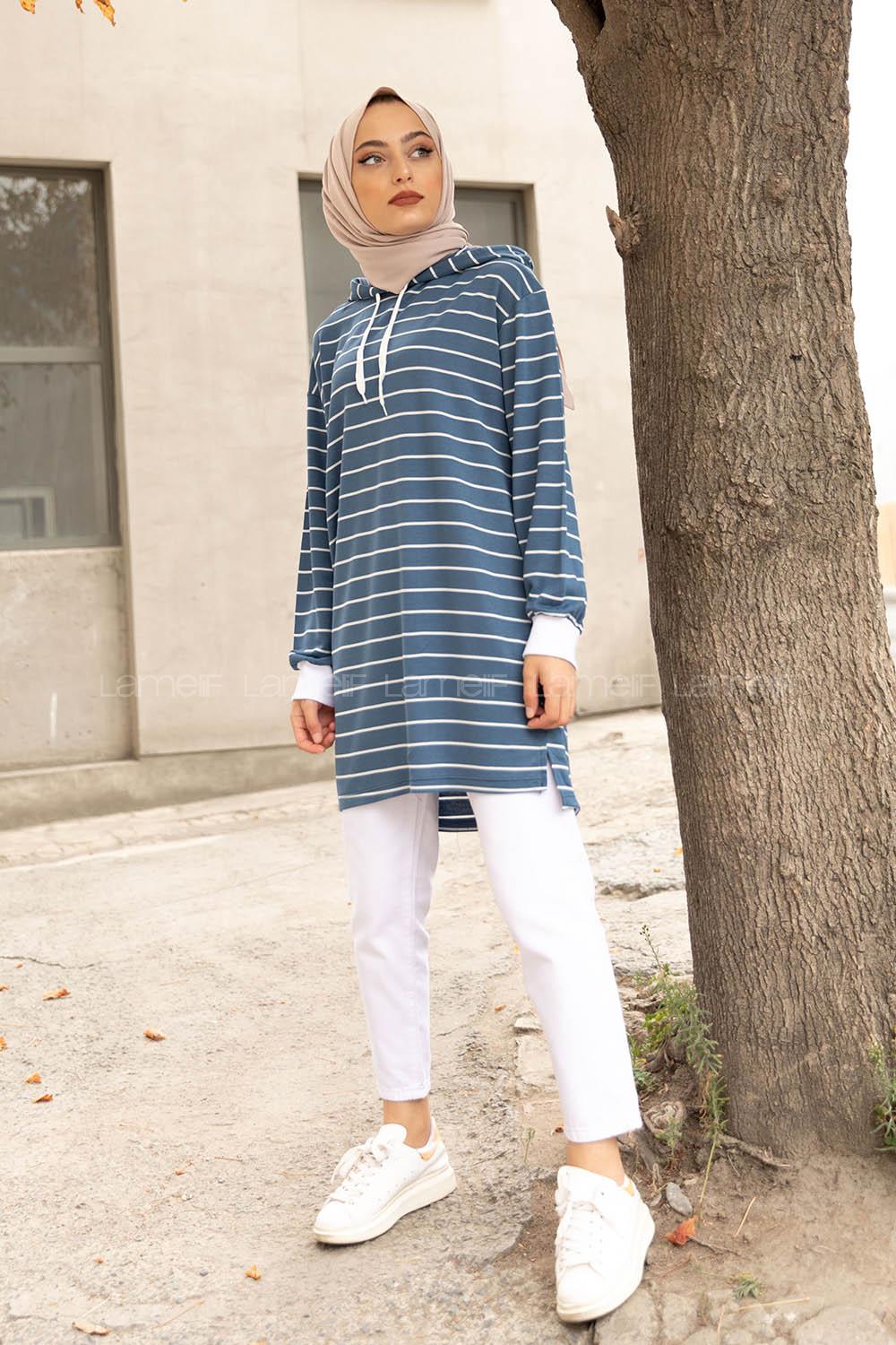 Modalamelif Beyaz Çizgili Kapşonlu Sweat İndigo