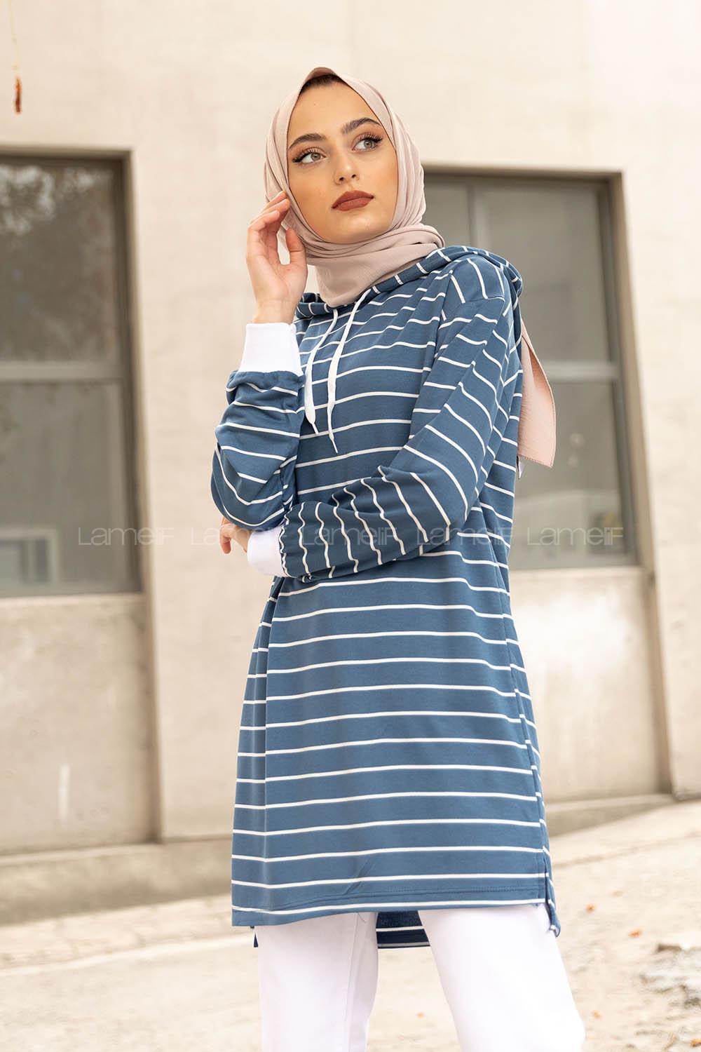 Modalamelif Beyaz Çizgili Kapşonlu Sweat İndigo