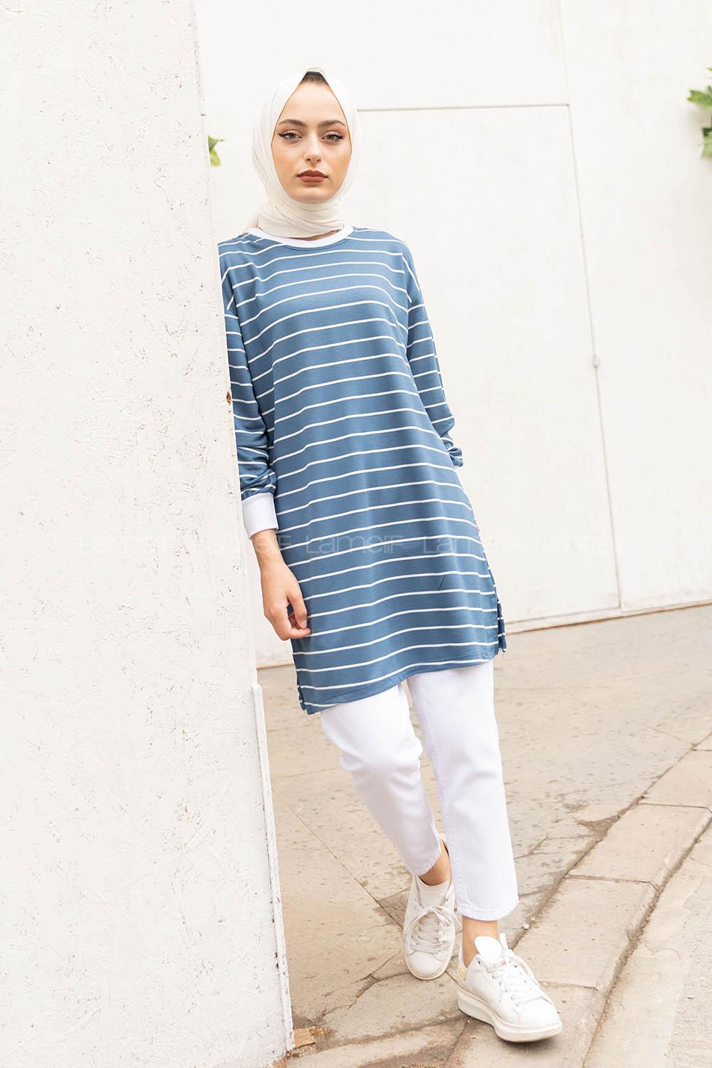 Modalamelif Çizgili Basıc Tunik İndigo