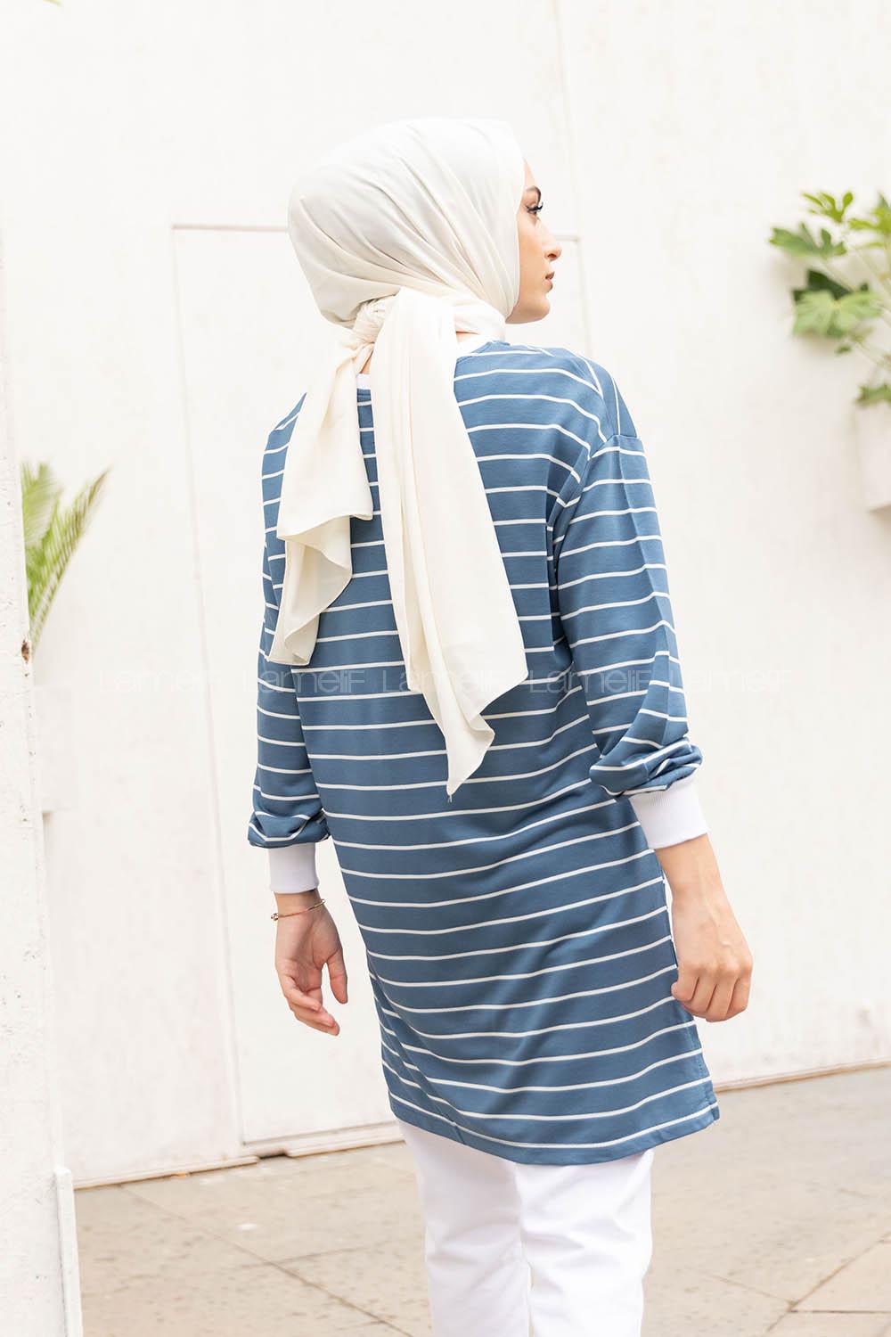 Modalamelif Çizgili Basıc Tunik İndigo