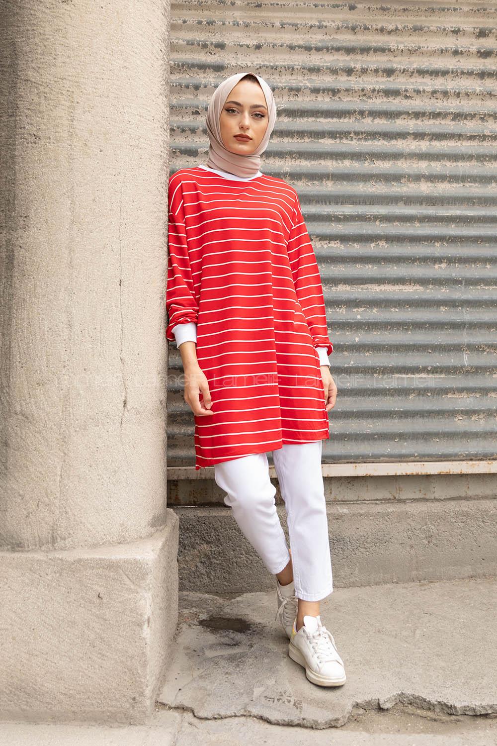 Modalamelif Çizgili Basıc Tunik Kırmızı