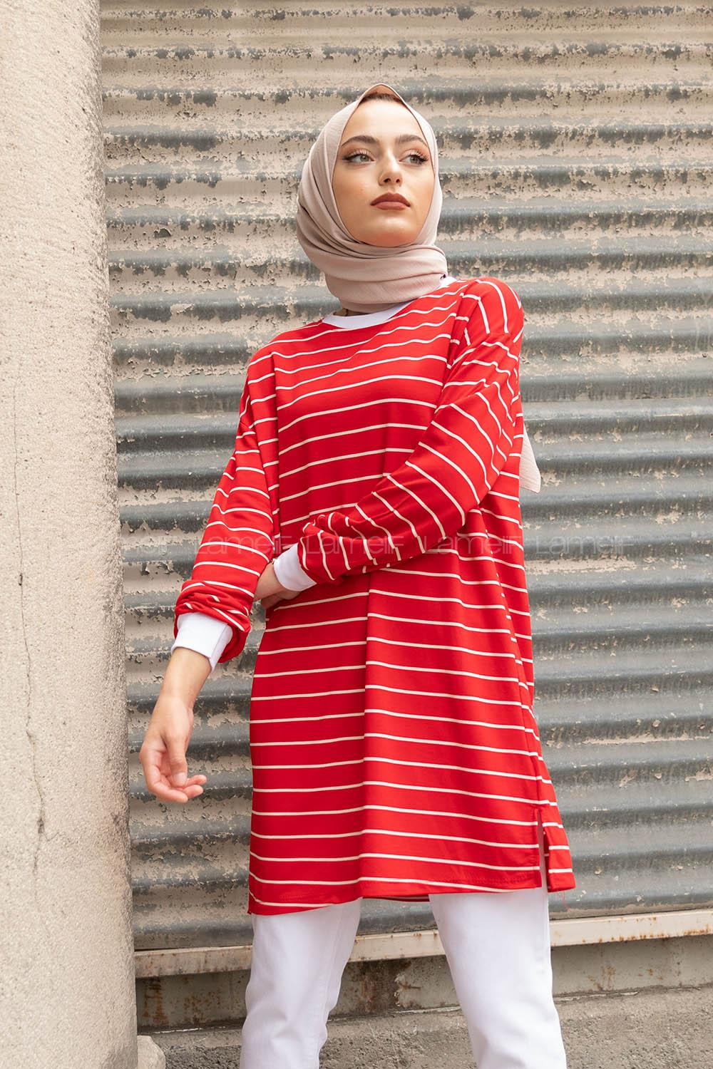 Modalamelif Çizgili Basıc Tunik Kırmızı