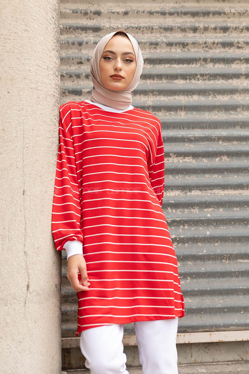 Modalamelif Çizgili Basıc Tunik Kırmızı