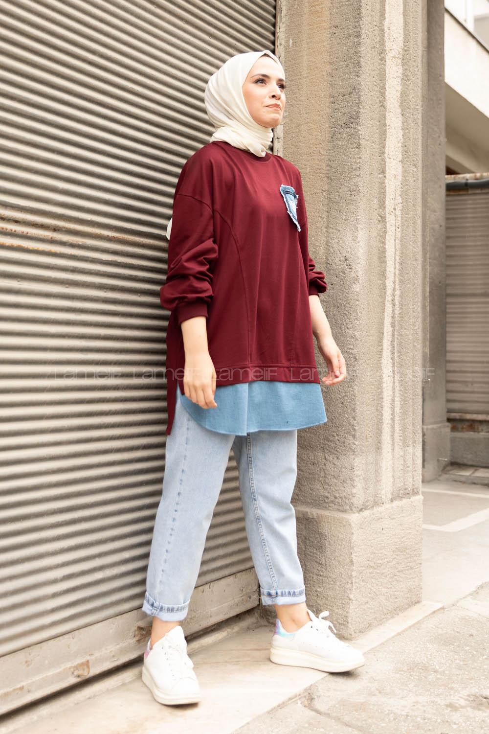 Modalamelif Etek Garnili Armalı Sweatshirt Acı Bordo