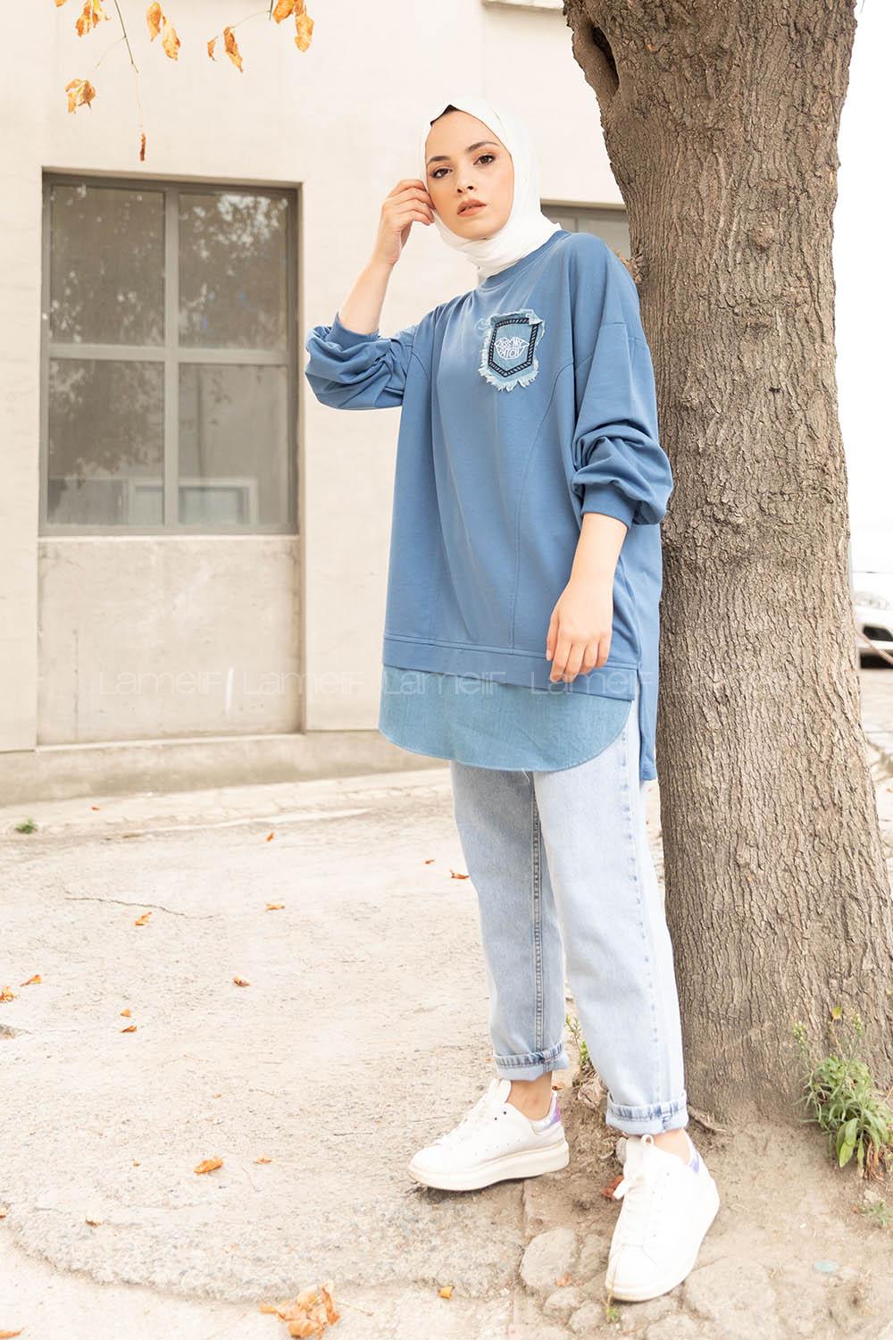 Modalamelif Etek Garnili Armalı Sweatshirt İndigo