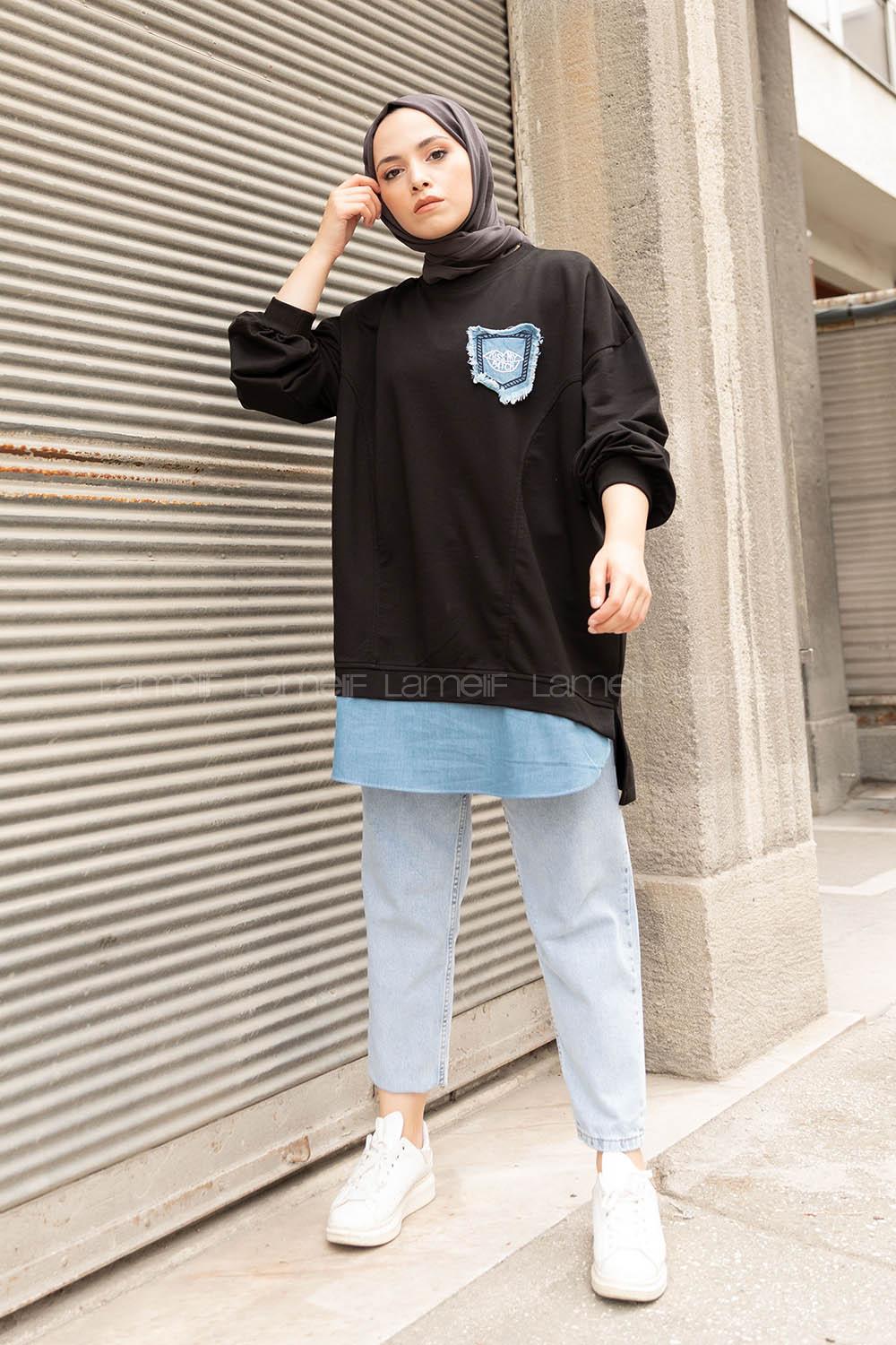 Modalamelif Etek Garnili Armalı Sweatshirt Siyah