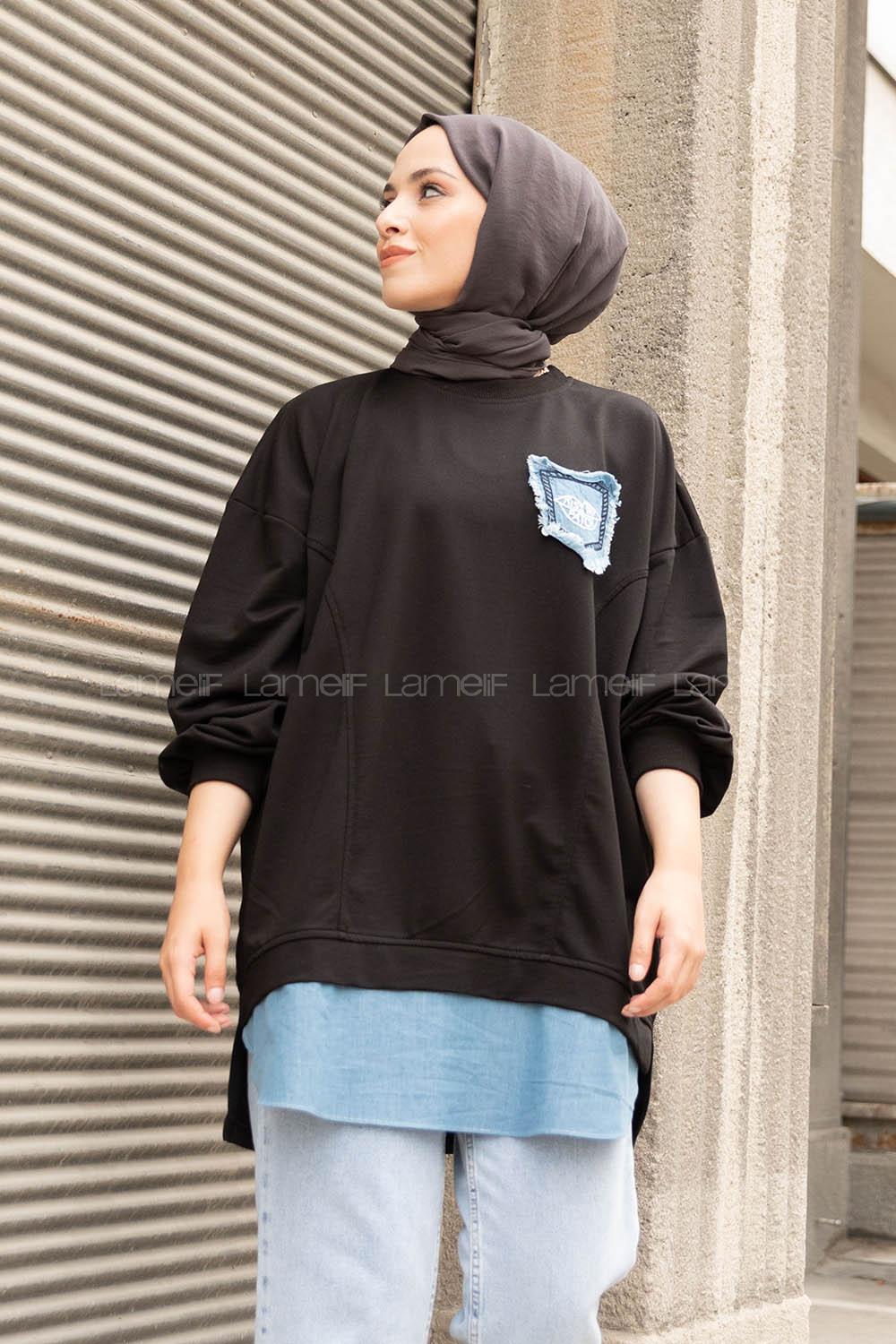 Modalamelif Etek Garnili Armalı Sweatshirt Siyah