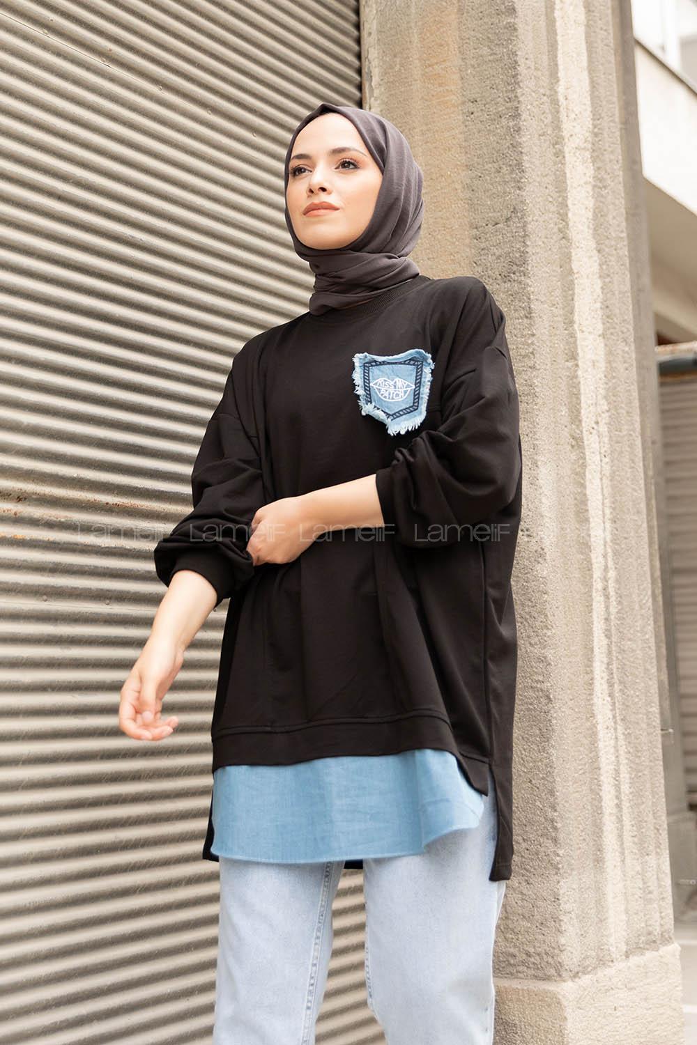 Modalamelif Etek Garnili Armalı Sweatshirt Siyah