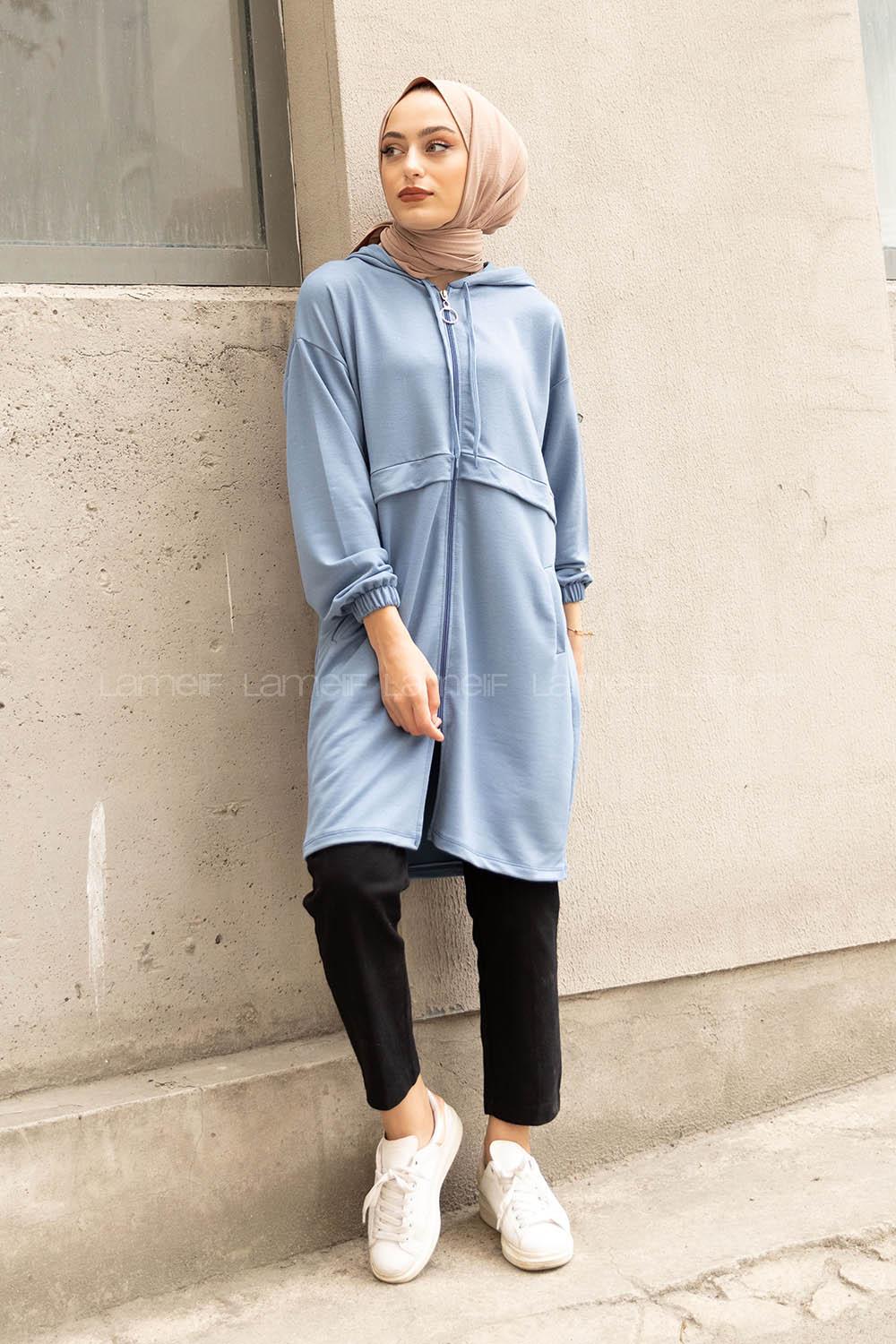 Modalamelif Gizli Cepli Fermuarlı Hırka Açık Mavi