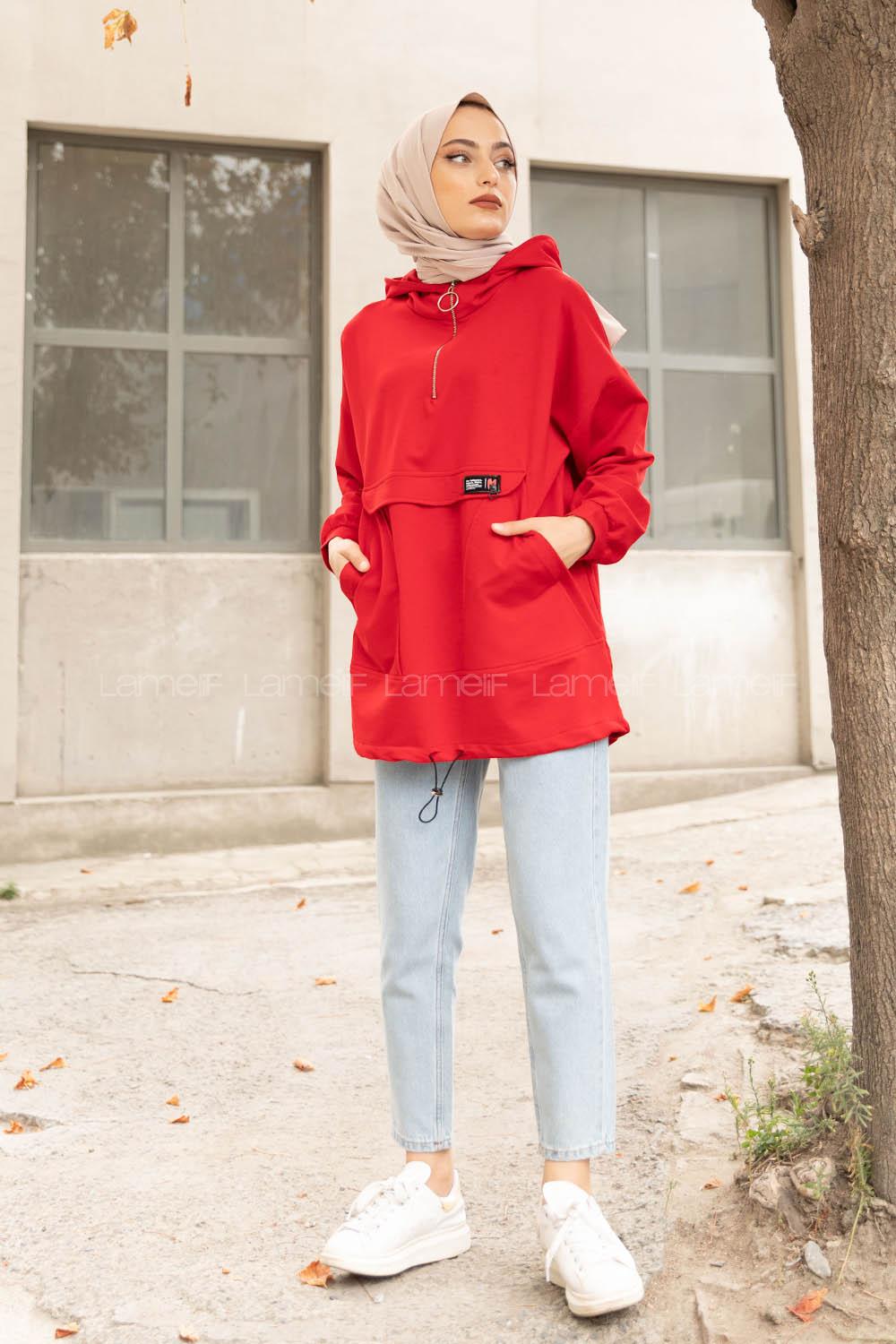 Modalamelif Kanguru Cep Armalı Sweatshirt Kırmızı