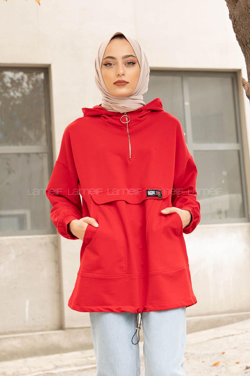 Modalamelif Kanguru Cep Armalı Sweatshirt Kırmızı