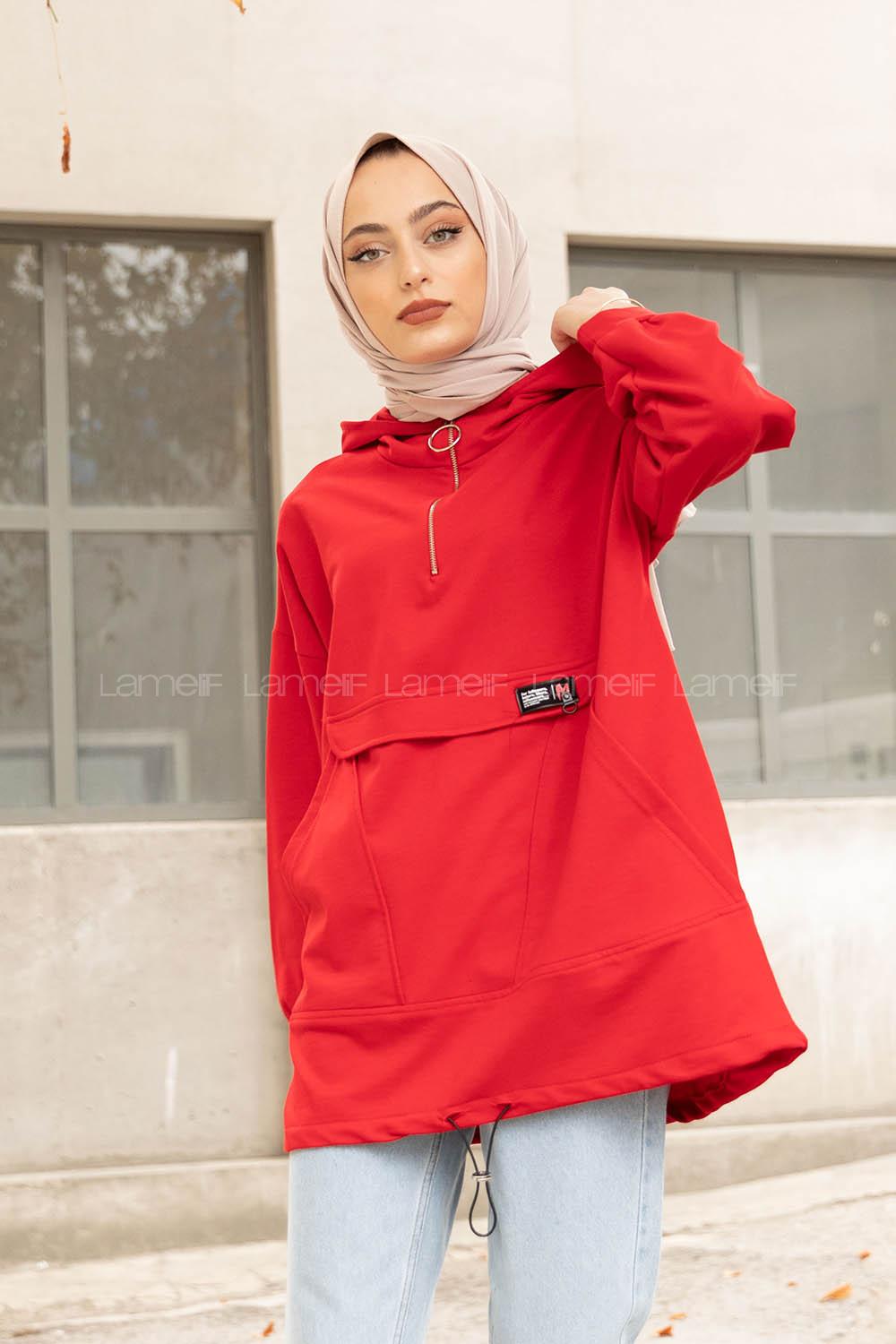 Modalamelif Kanguru Cep Armalı Sweatshirt Kırmızı