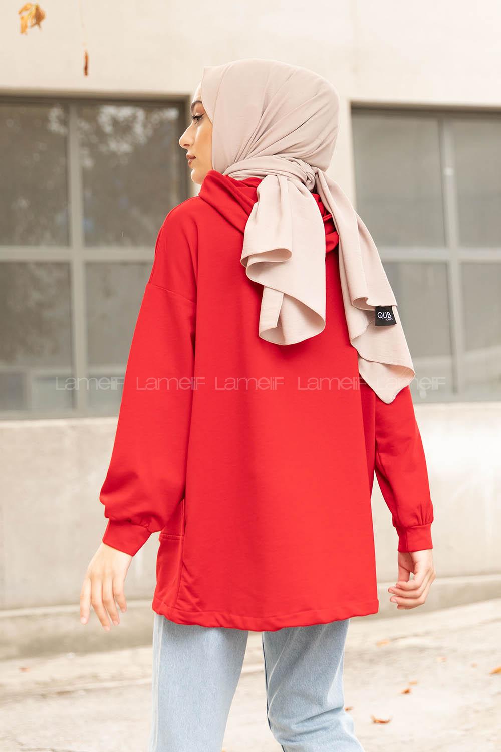 Modalamelif Kanguru Cep Armalı Sweatshirt Kırmızı