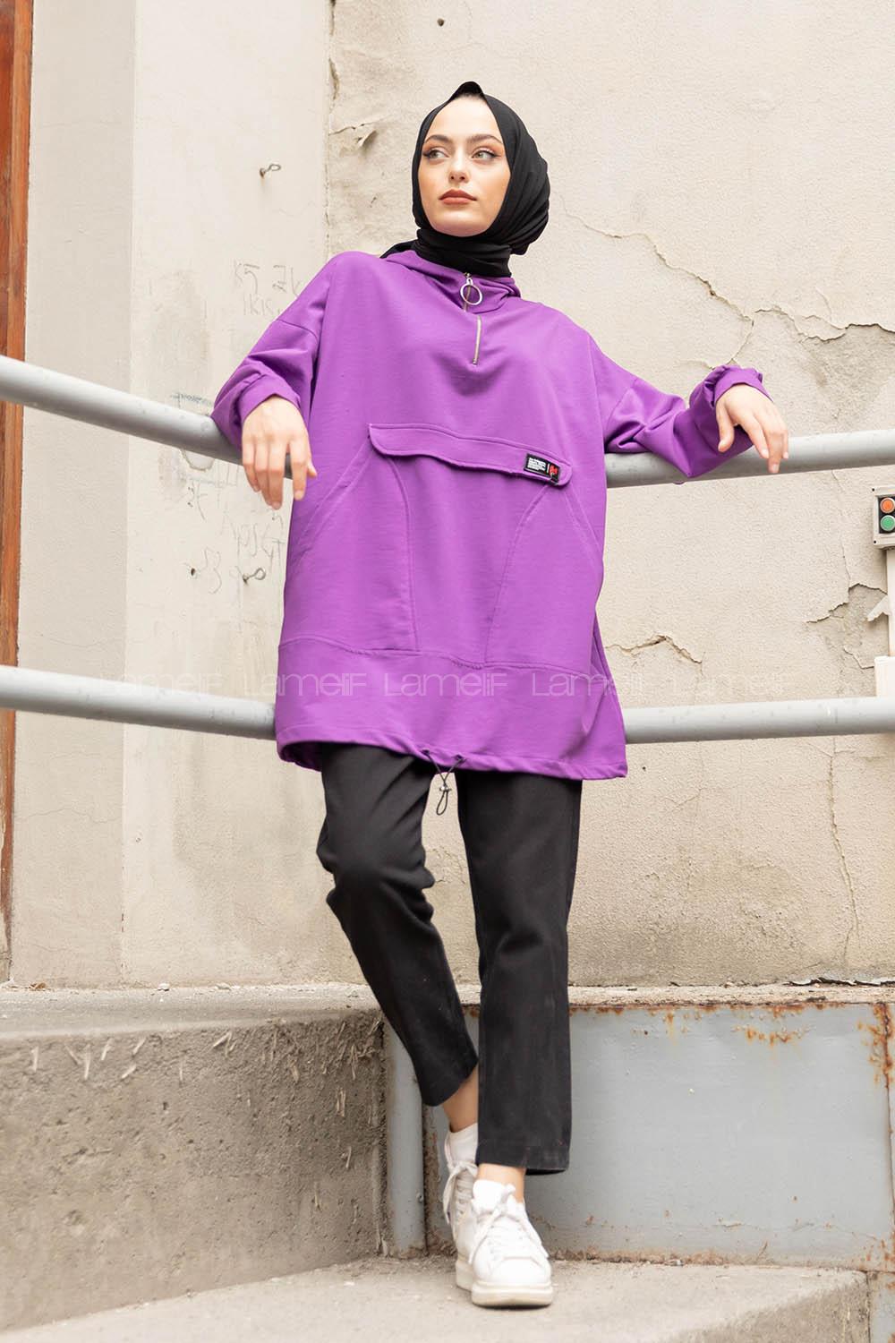 Modalamelif Kanguru Cep Armalı Sweatshirt Mor