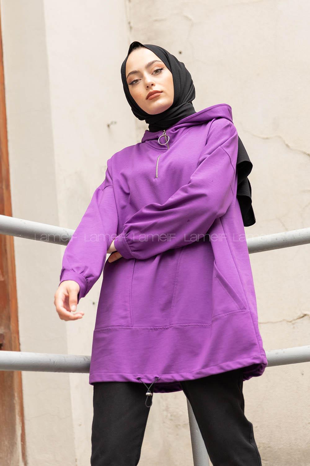 Modalamelif Kanguru Cep Armalı Sweatshirt Mor