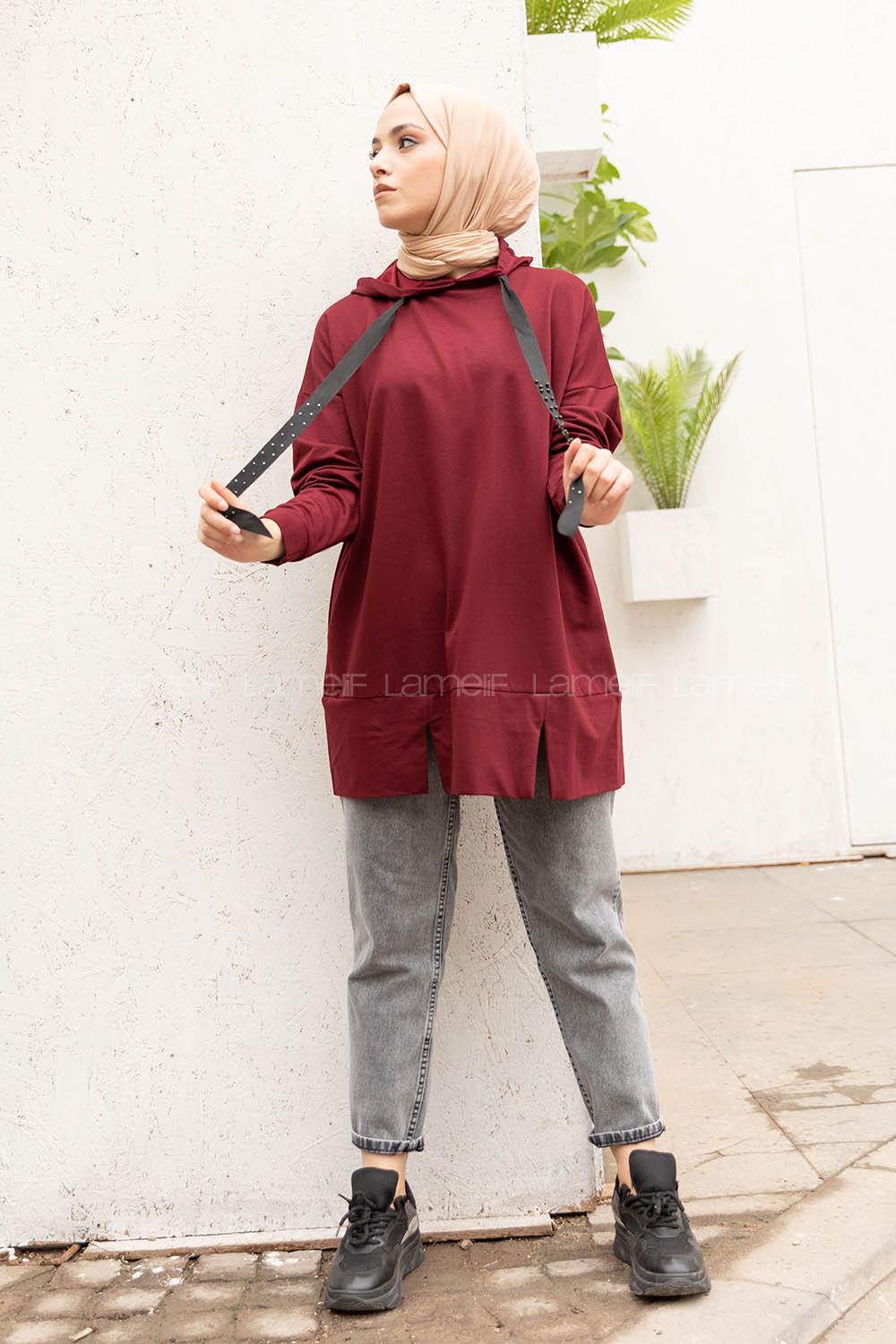 Modalamelif Kapşon Yaka Düz Renk Sweatshirt Acı Bordo