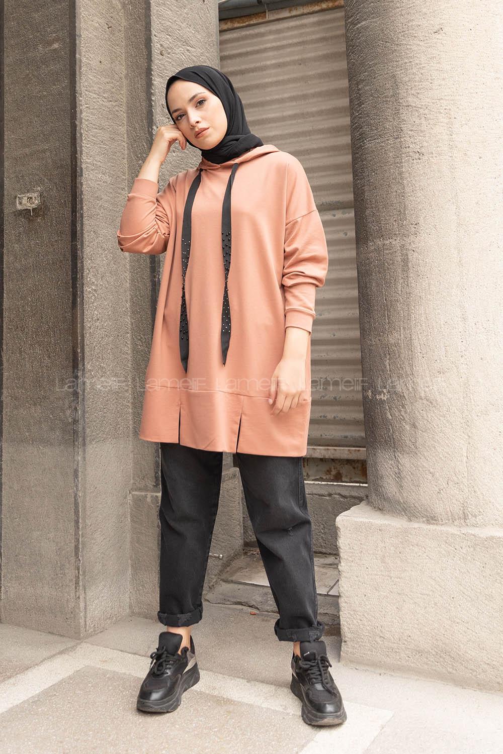 Modalamelif Kapşon Yaka Düz Renk Sweatshirt Gül