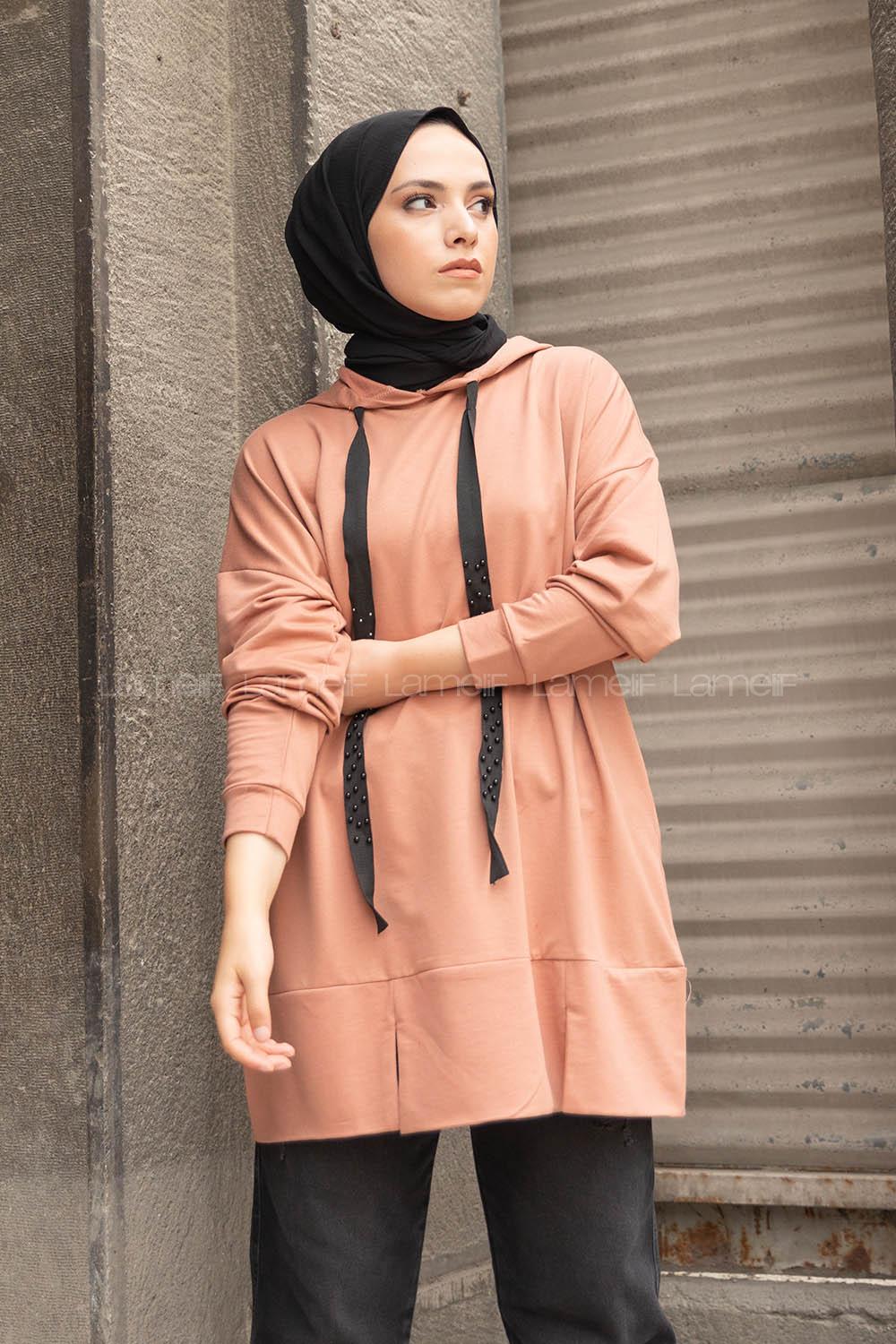 Modalamelif Kapşon Yaka Düz Renk Sweatshirt Gül