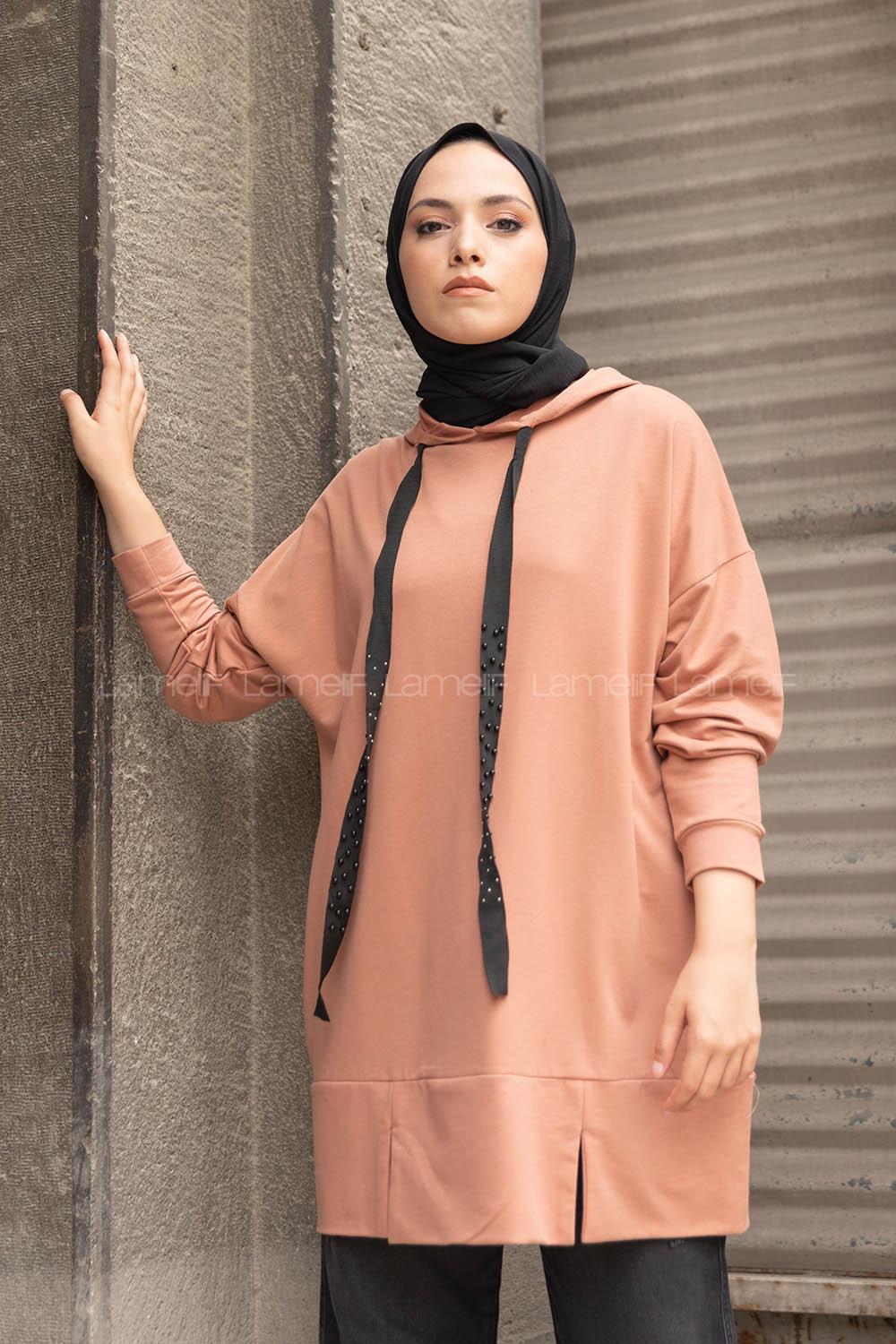 Modalamelif Kapşon Yaka Düz Renk Sweatshirt Gül