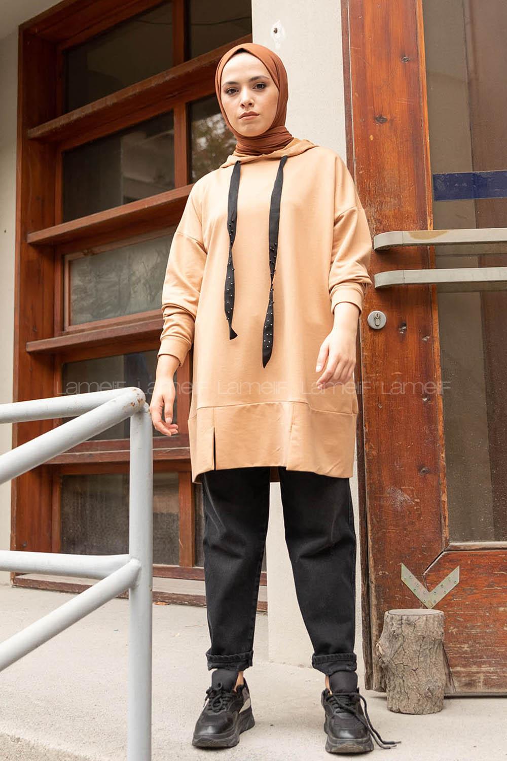 Modalamelif Kapşon Yaka Düz Renk Sweatshirt Sütlü Kahve