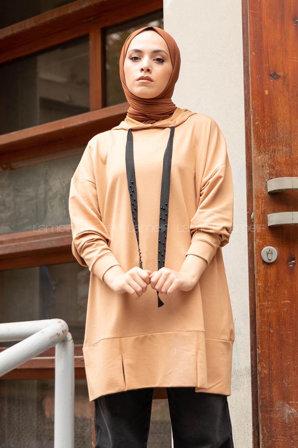 Modalamelif Kapşon Yaka Düz Renk Sweatshirt Sütlü Kahve