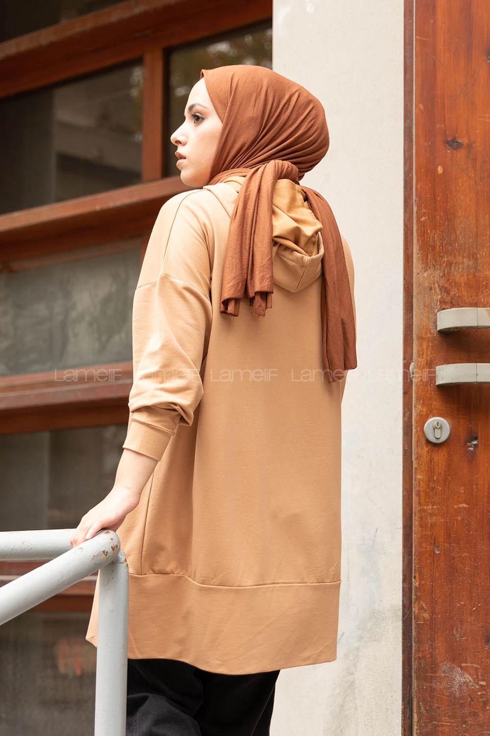 Modalamelif Kapşon Yaka Düz Renk Sweatshirt Sütlü Kahve