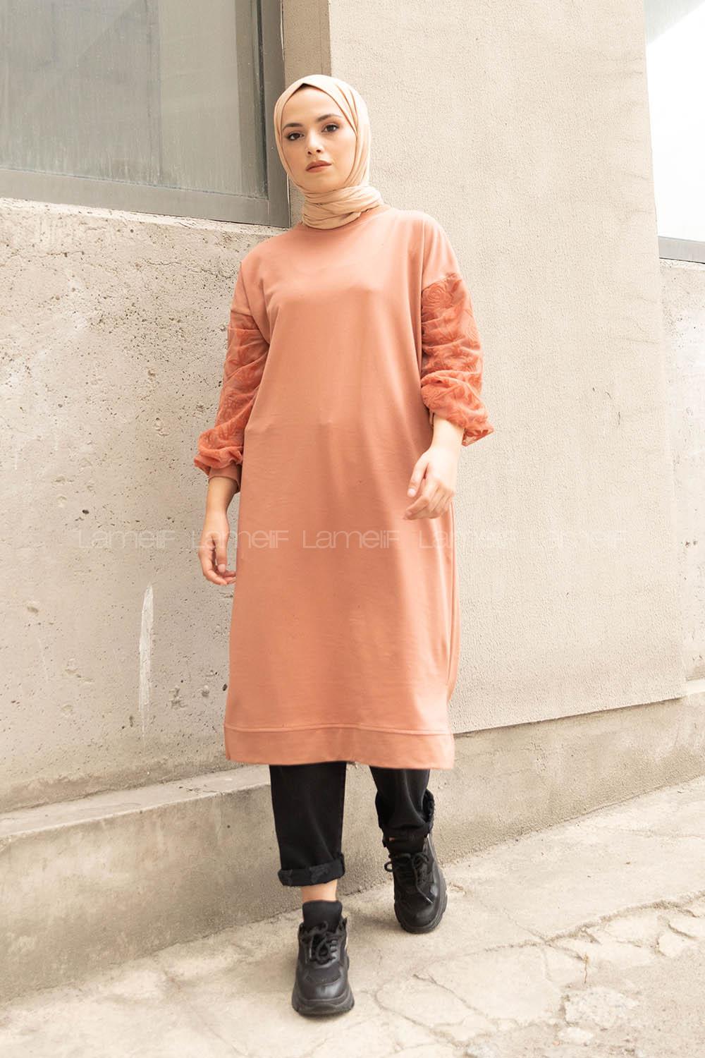 Modalamelif Kolu Flok Tül Tunik Gül