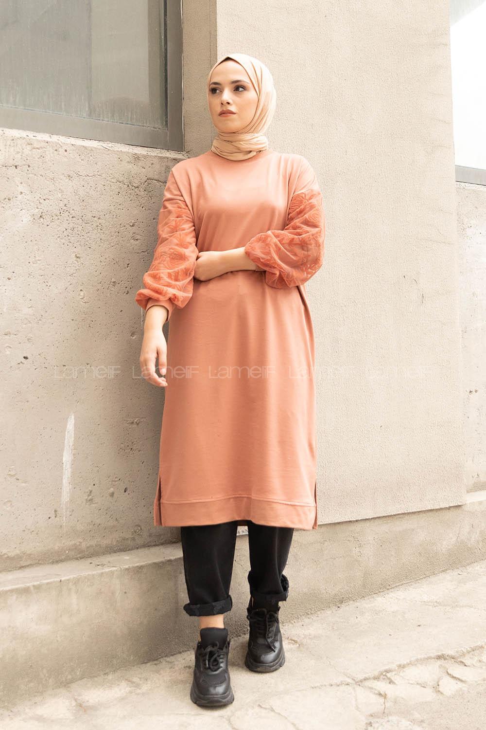 Modalamelif Kolu Flok Tül Tunik Gül