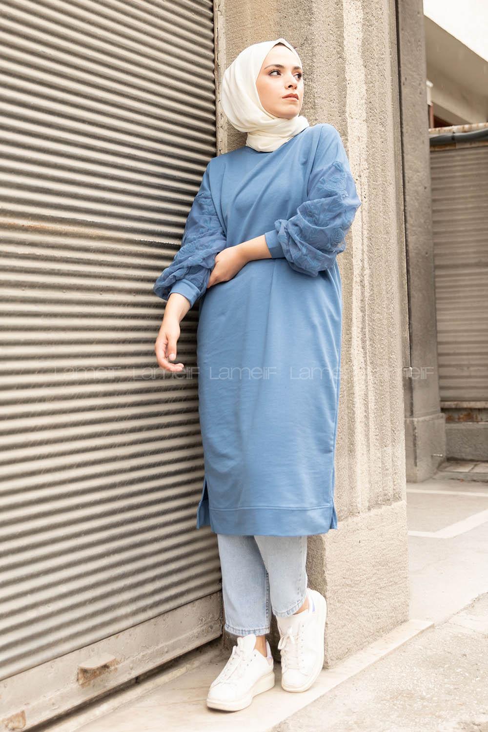 Modalamelif Kolu Flok Tül Tunik İndigo